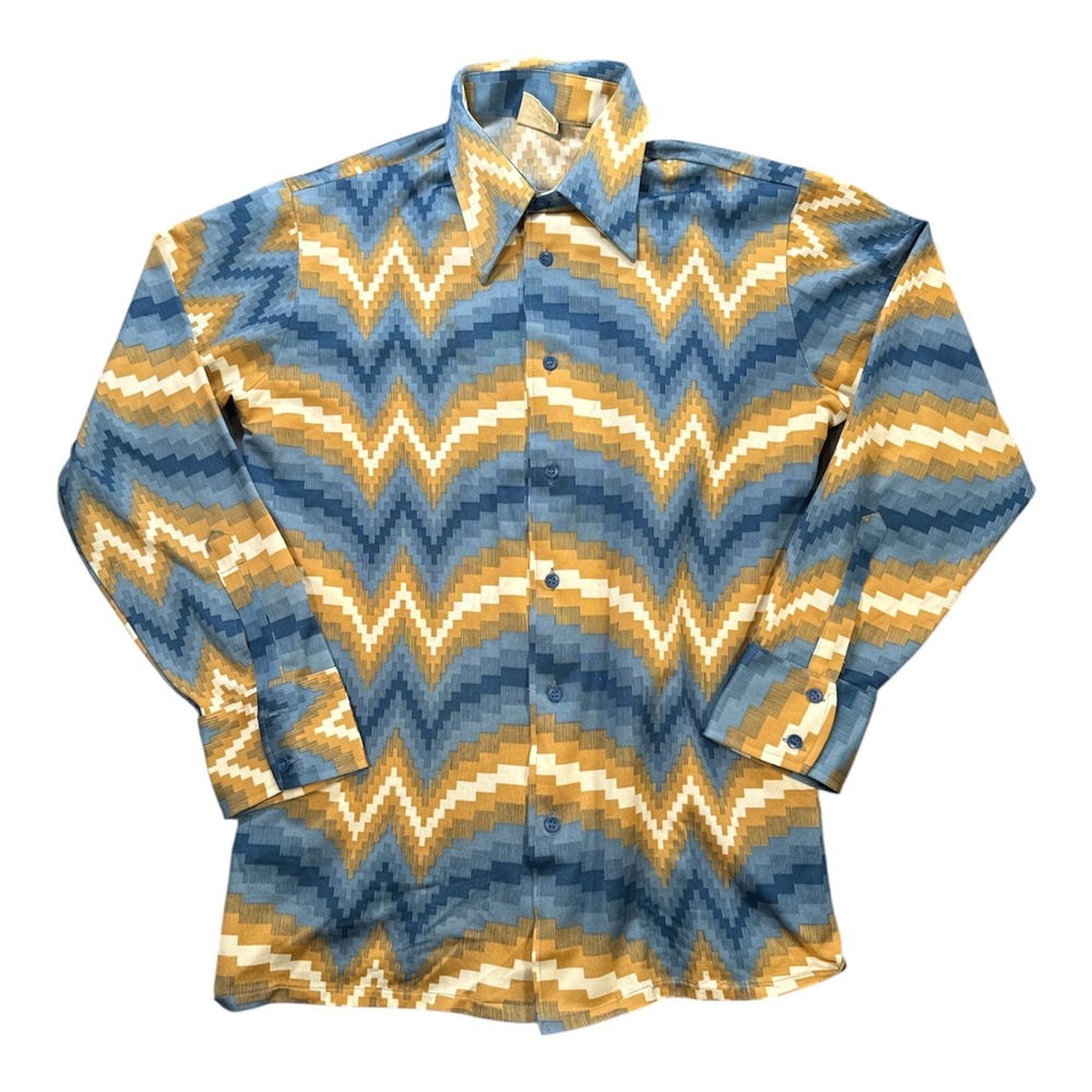Vintage Mens‎ Abstract Zig Zag Button Down Shirt Long Sleeve Blue Gold L